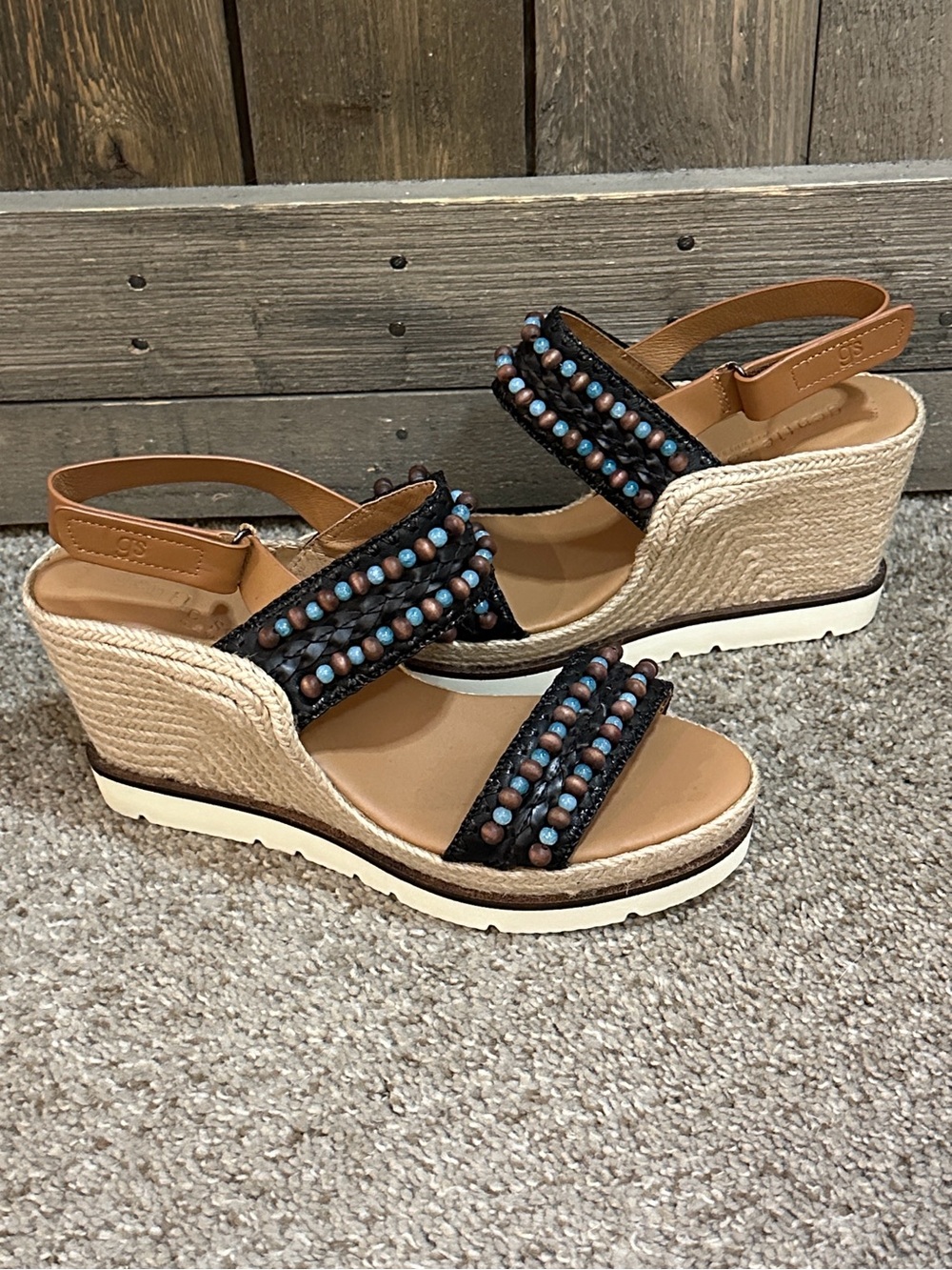 Gentle Souls Beaded Espadrille Wedge Tan Brown Leather Raffia Sandals Size 10M
